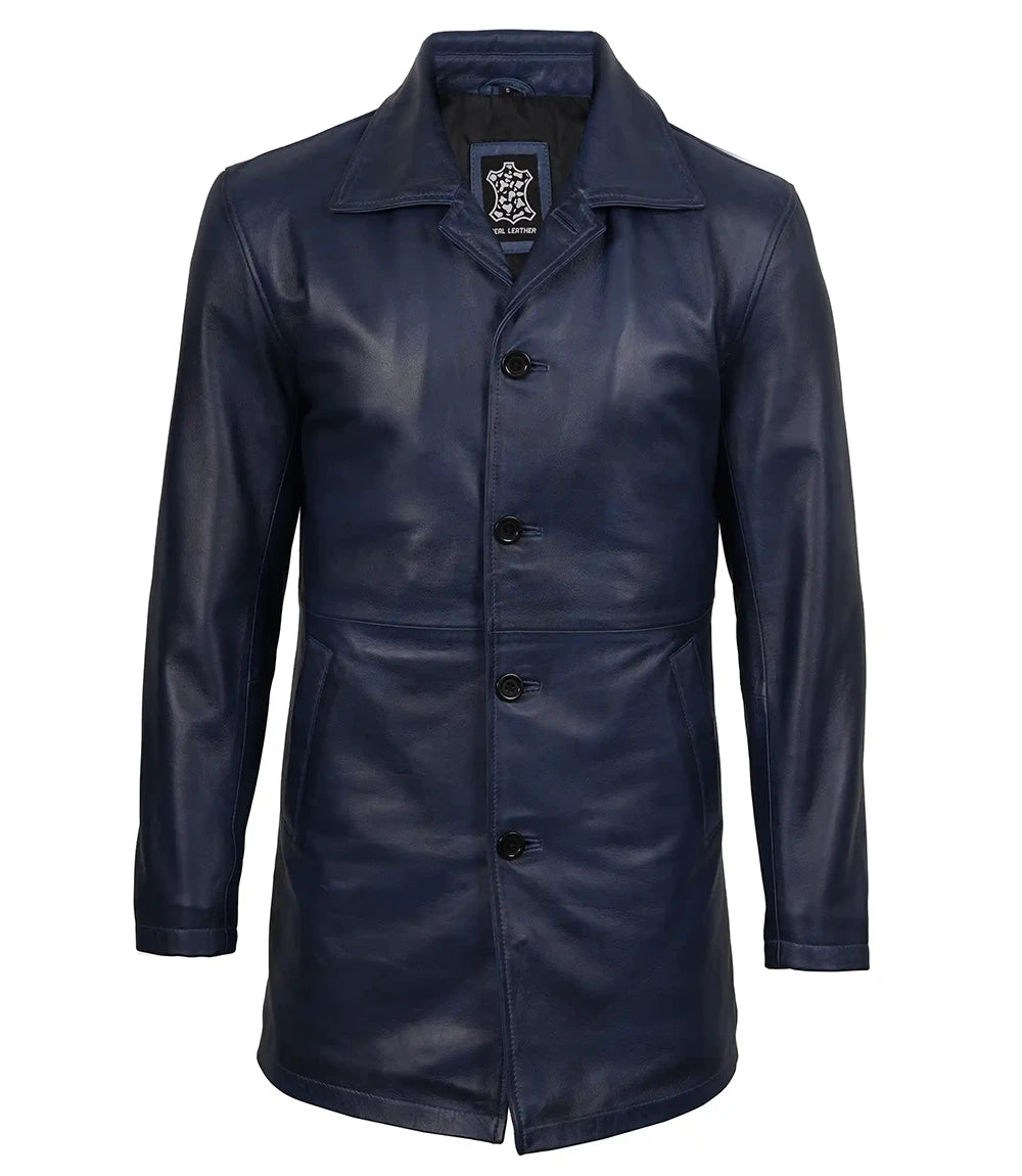 Manteau 3/4 en cuir ciré bleu pour homme