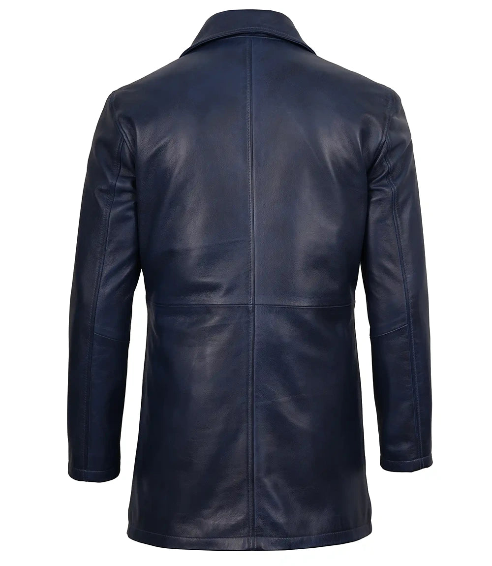 Manteau 3/4 en cuir ciré bleu pour homme