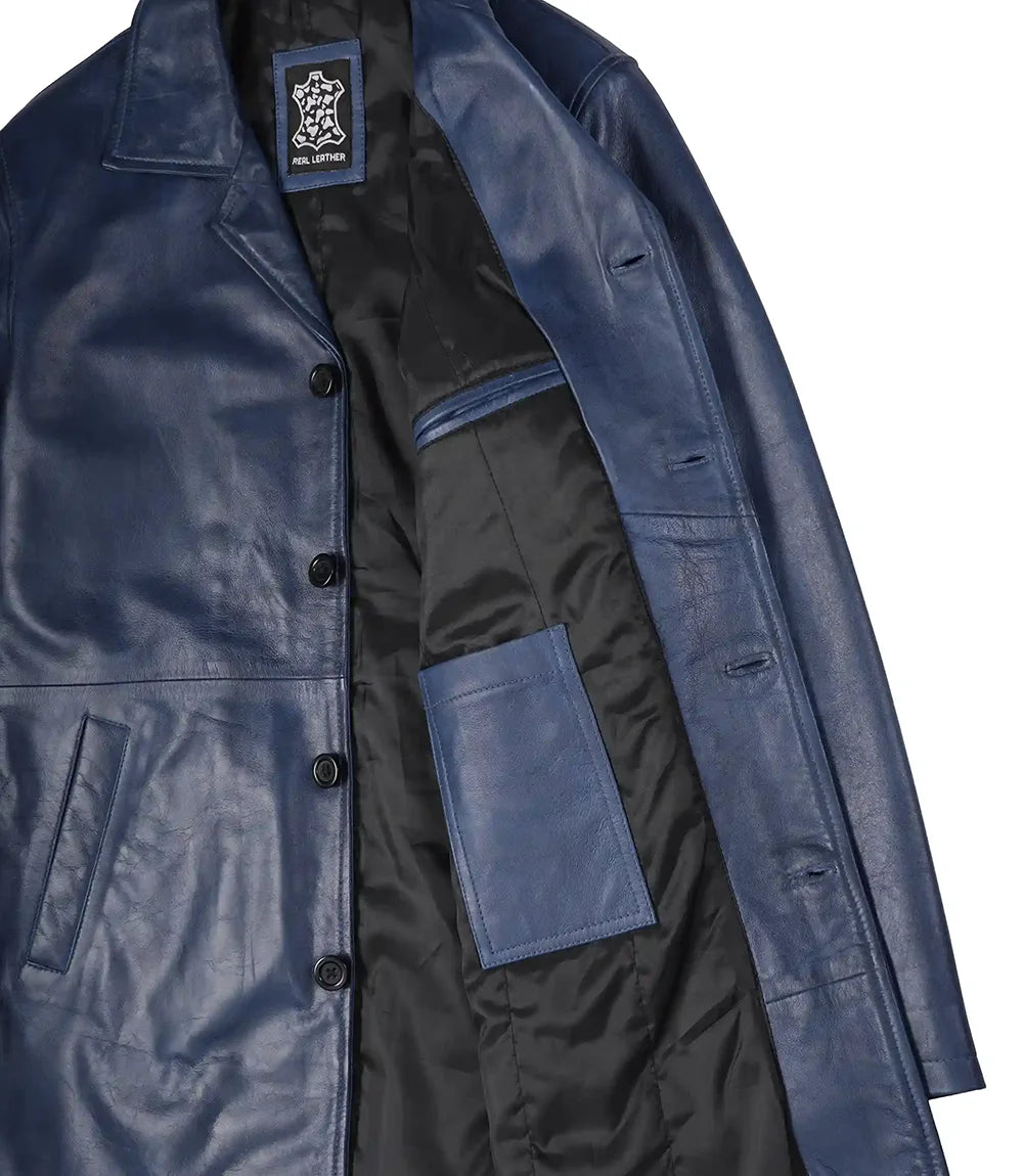 Manteau 3/4 en cuir ciré bleu pour homme