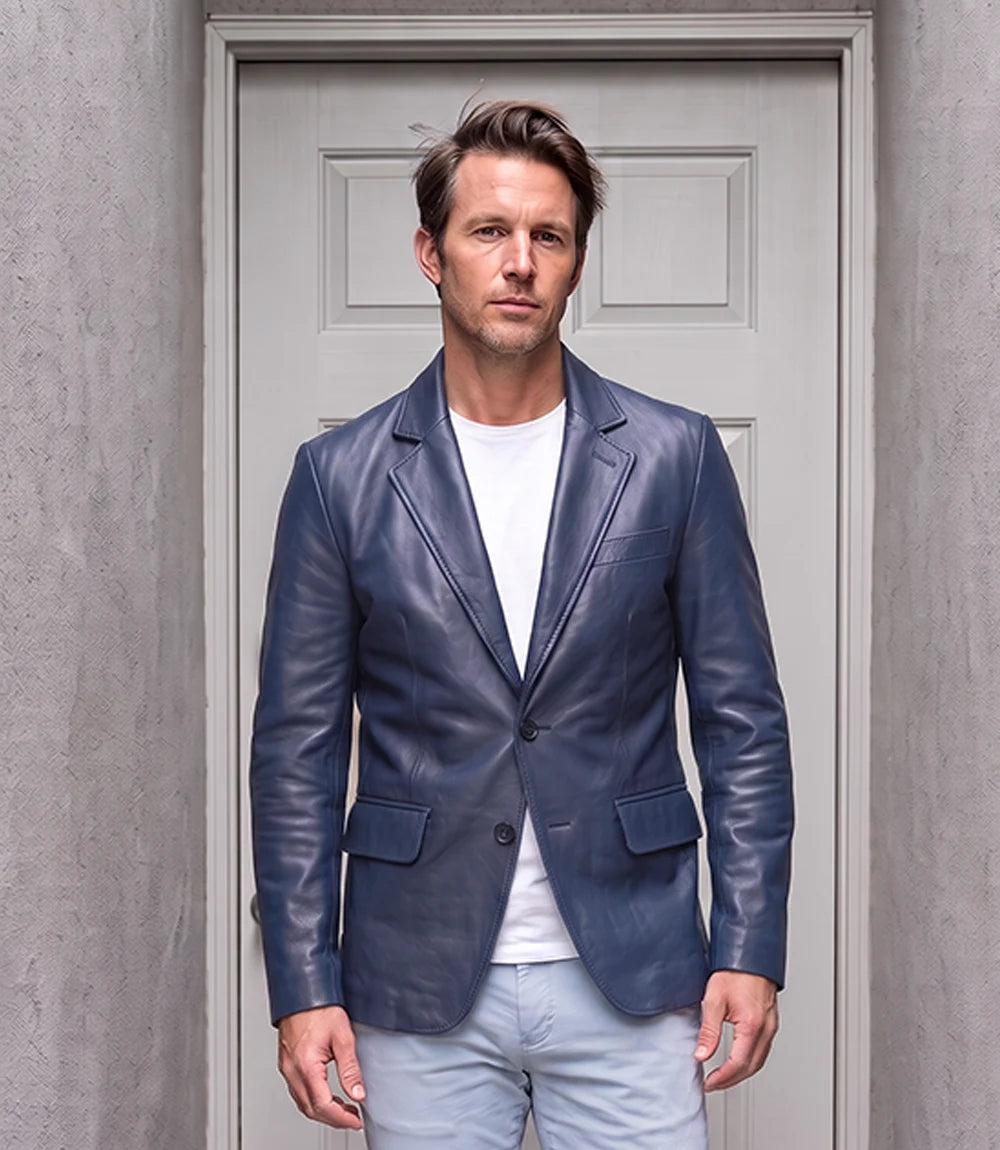Men's Blue Leather Two-Button Closure Blazer Jacket