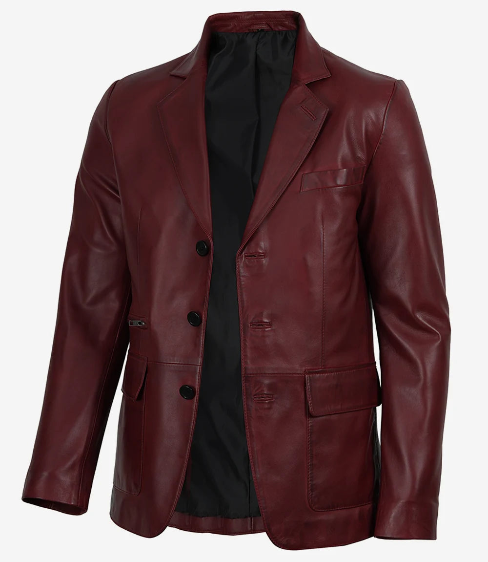 Eliseo Men's Burgundy Lambskin Leather Blazer - Three Button Style