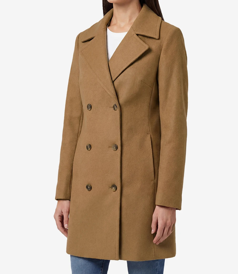 Womens 3/4 Length Camel Brown Double Breasted Wool Coat