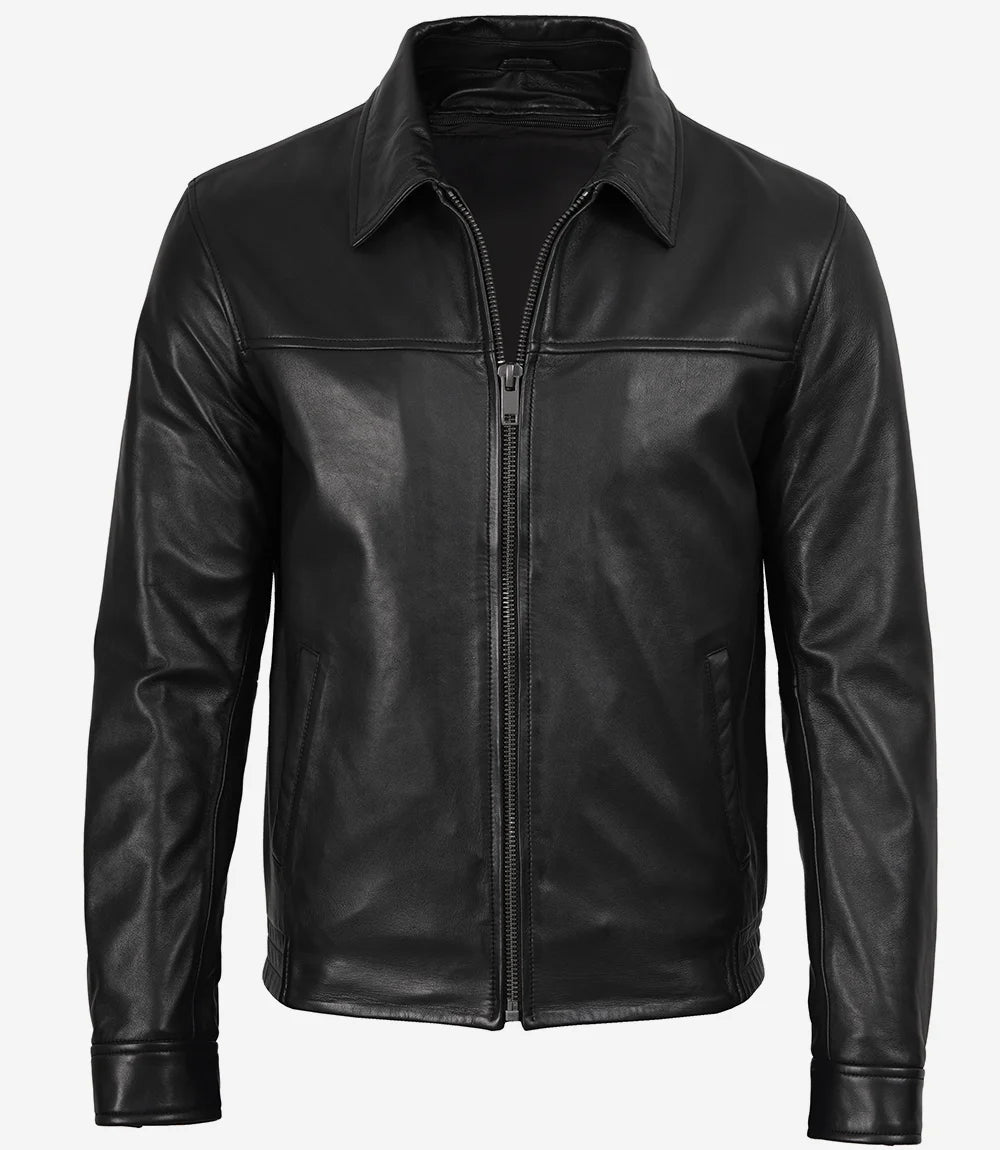 Carlton Men's Black Shirt Collar Bomber Leather Jacket