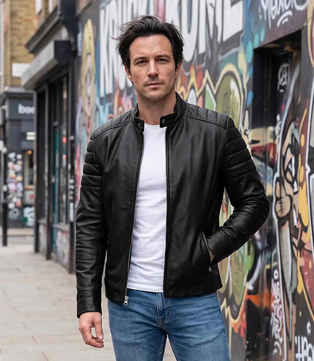 Veste style motard en cuir d'agneau noir pour homme
