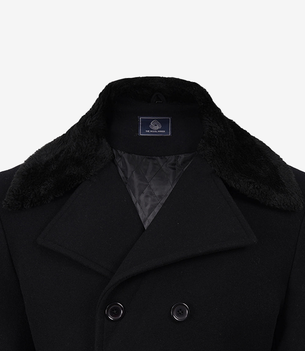 Men's Black Wool Double-Breasted Long Coat
