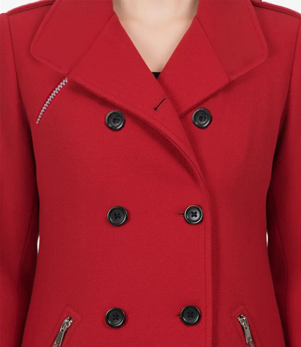 Caban croisé en laine rouge pour femme