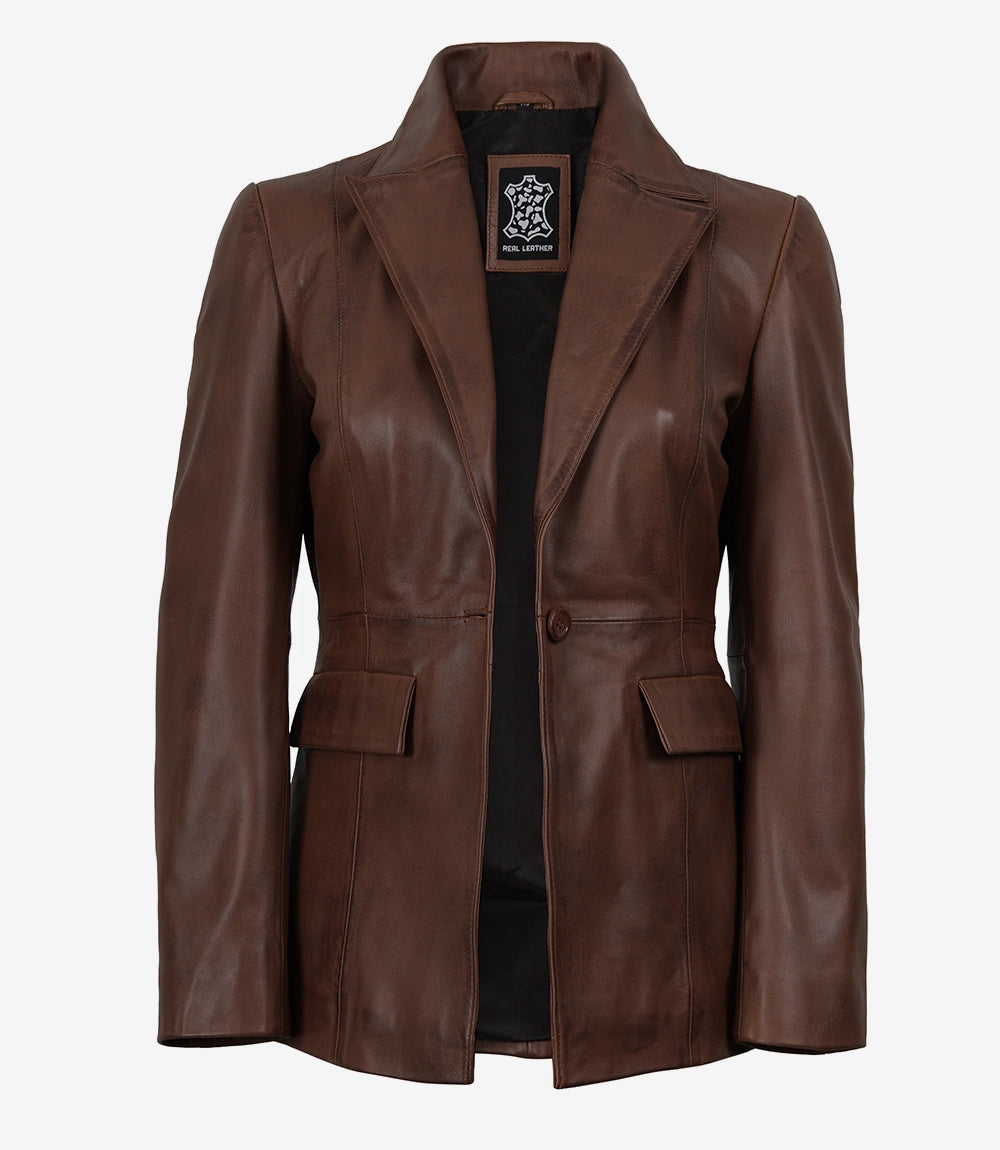 Women’s Brown Cognac Waxed Lambskin Leather Blazer – Single Button