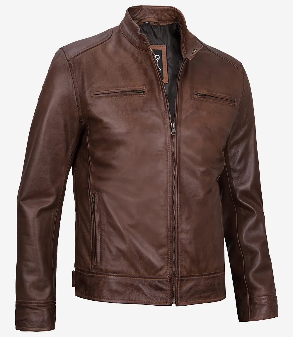Veste en cuir style motard cognac pour homme