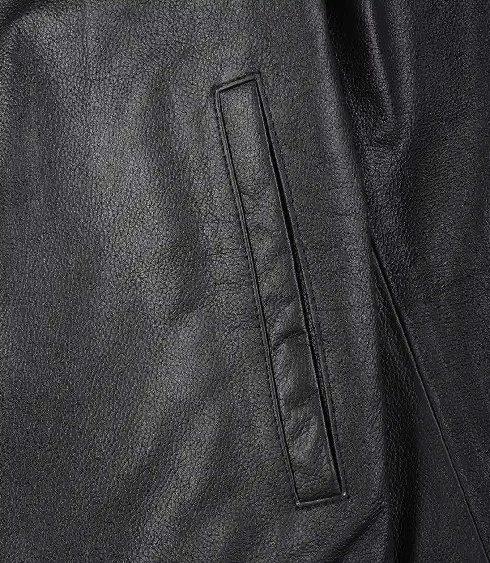 Mens Black Shirt Collar Leather Cowhide Jacket