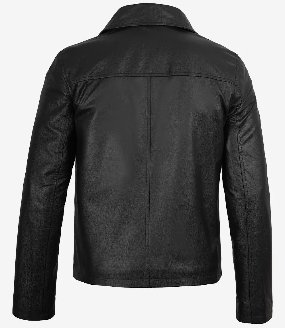 Mens Black Shirt Collar Leather Cowhide Jacket