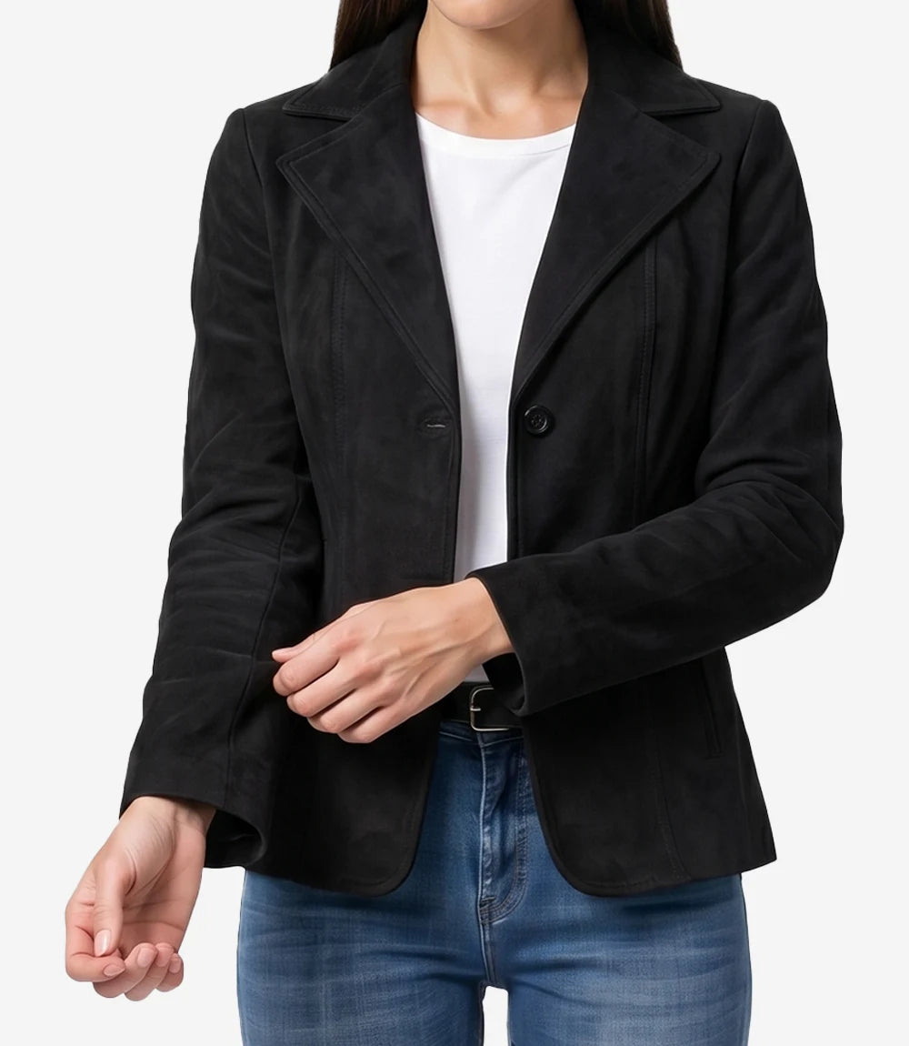 Women's Black Faux Suede Two-Button Closure Blazer