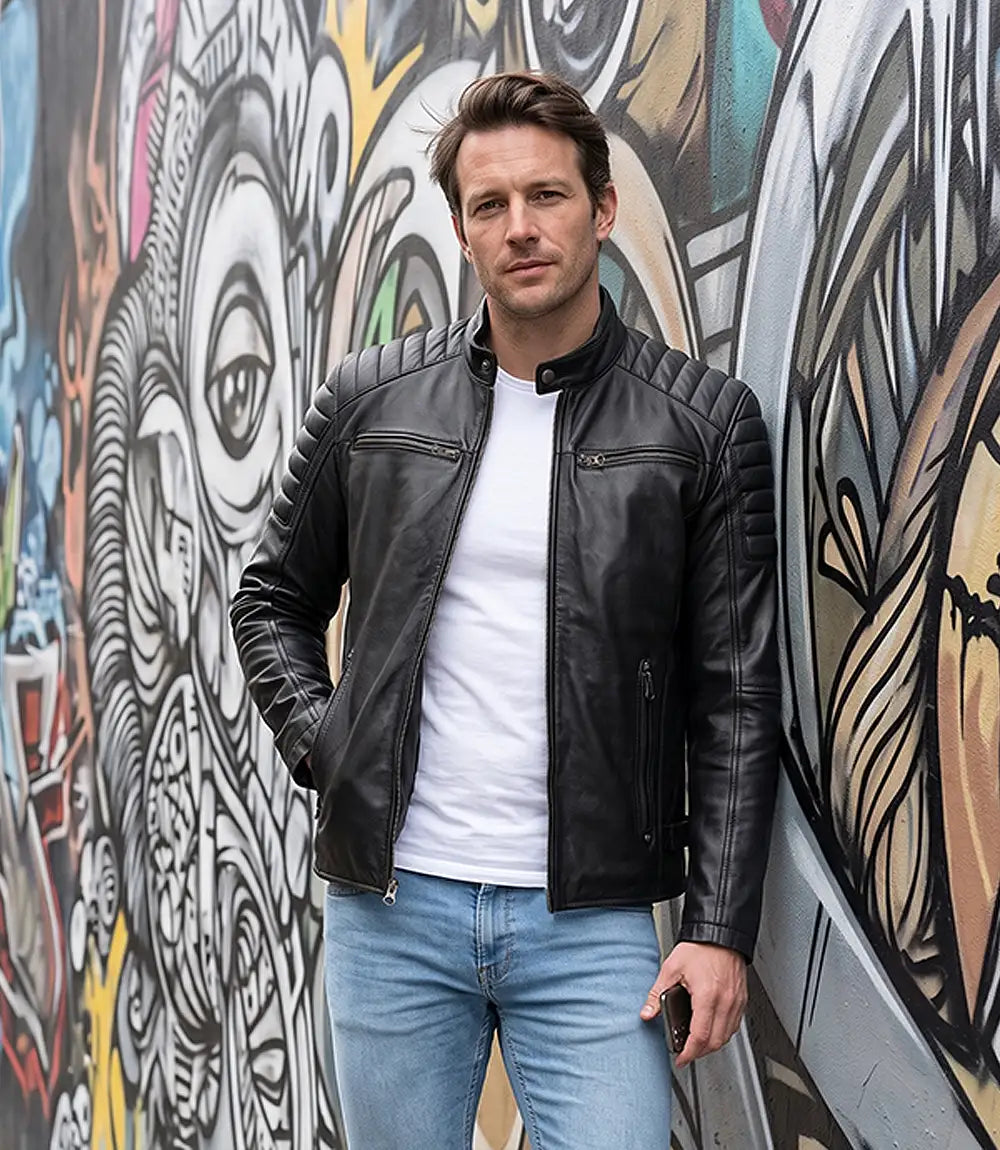 Veste en cuir noir style motard pour homme