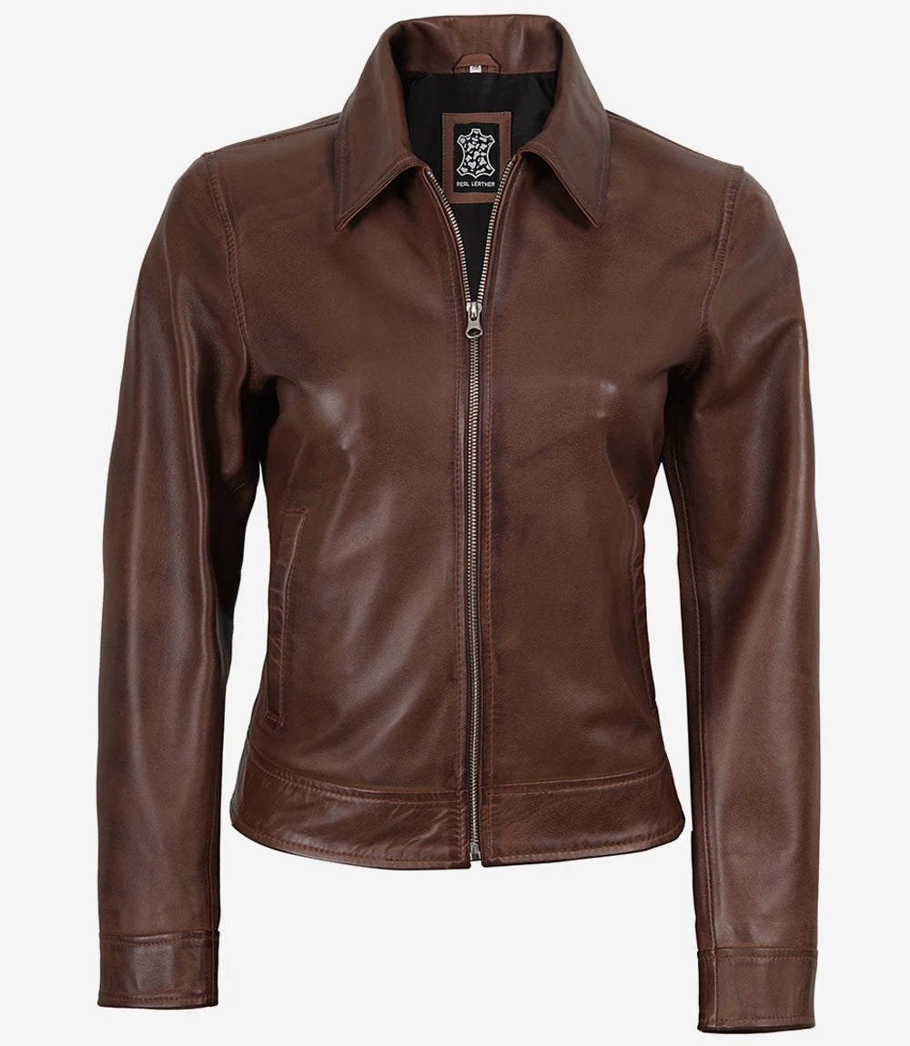 Women's Brown Cognac Waxed Shirt Collar Leather Jacket