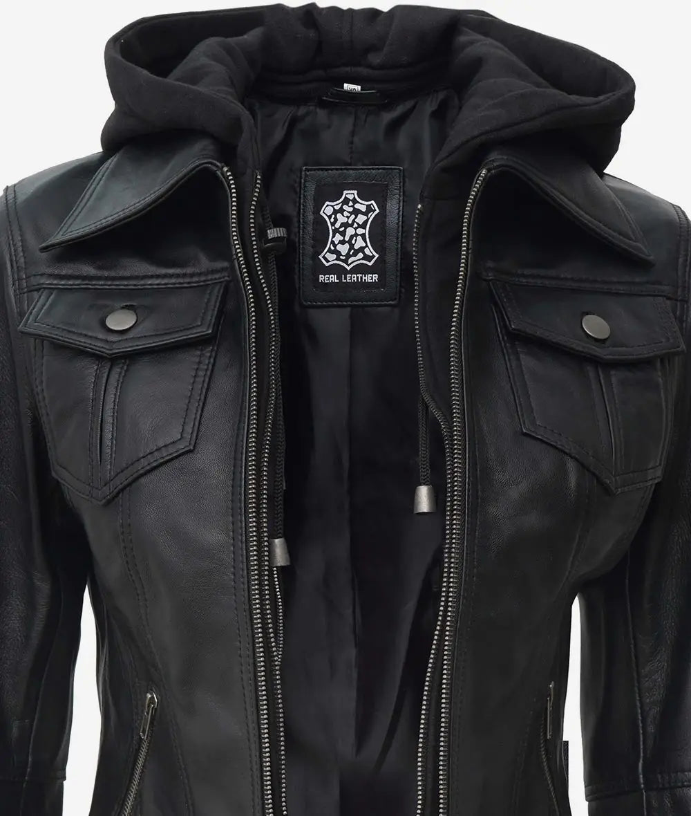 La Celeste : blouson aviateur en cuir noir pour femme avec capuche amovible