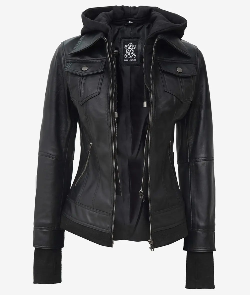 La Celeste : blouson aviateur en cuir noir pour femme avec capuche amovible