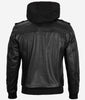 Mens Bomber Black Leather Jacket with Hood