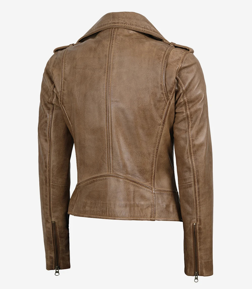 Veste motard en cuir véritable marron camel pour femme