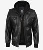Blouson aviateur en cuir noir pour homme avec capuche amovible