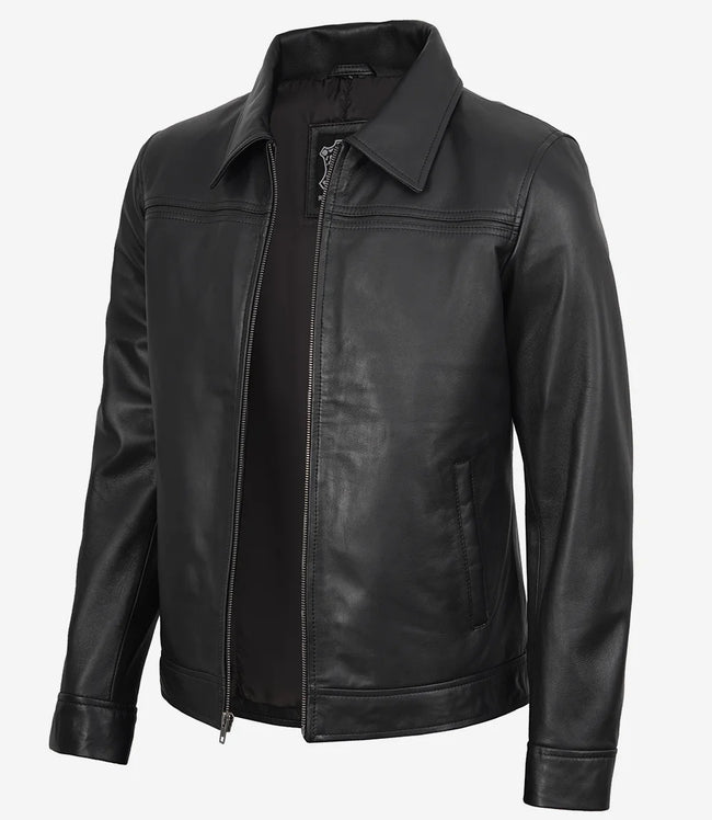 Veste à col chemise en cuir noir pour homme Mark