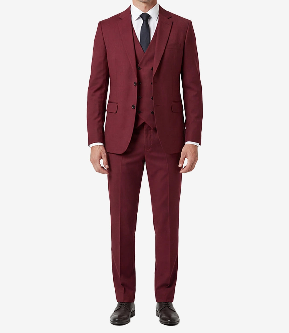 Mens Single Breasted Three Piece Maroon Suit
