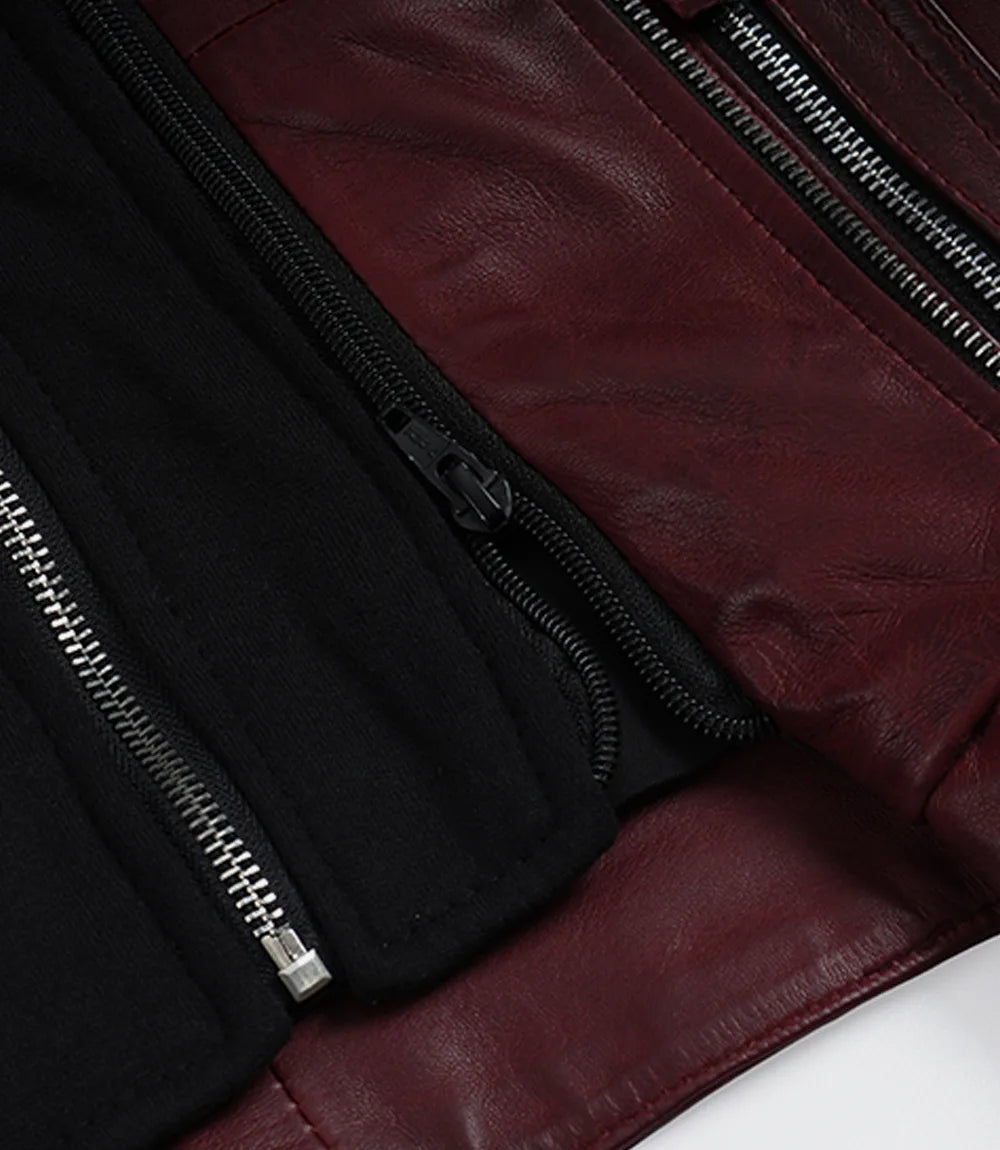 Women’s Maroon Waxed Real Leather Jacket with Removable Hood