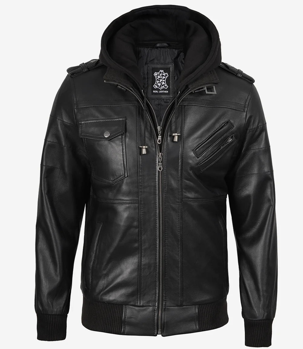 Blouson aviateur en cuir noir pour homme avec capuche amovible