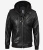 Blouson aviateur en cuir noir pour homme avec capuche amovible