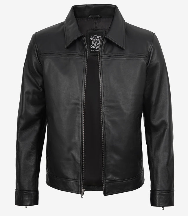 Veste à col chemise en cuir noir pour homme Mark