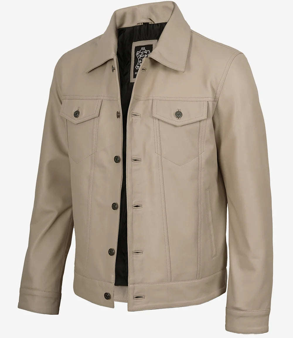 Veste de camionneur beige en cuir d'agneau véritable pour homme