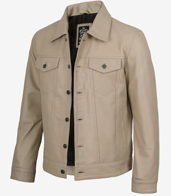 Men's Real Lambskin Leather Beige Trucker Jacket