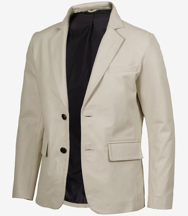 Blazer en cuir blanc cassé à deux boutons et revers crantés pour homme
