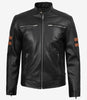 Veste motard en cuir noir pour homme avec bandes beiges sur les bras