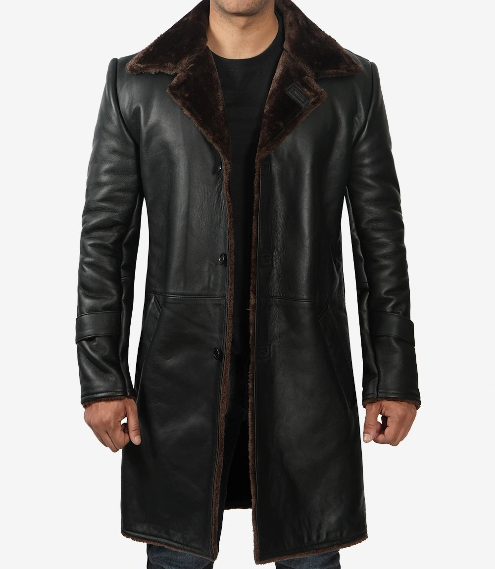 Mens Shearling Lined 3 4 Length Leather Coat