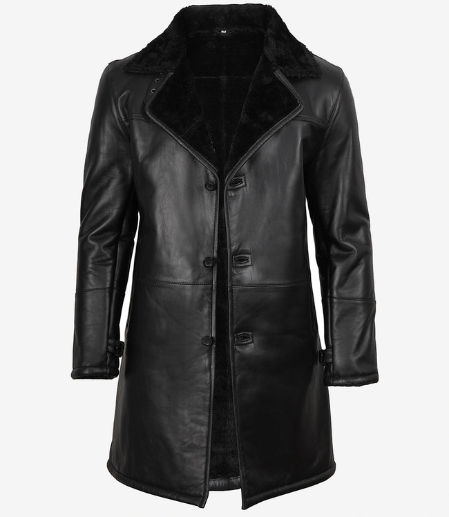 Manteau 3/4 en cuir et peau lainée noire pour homme