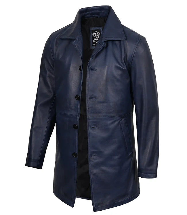 Manteau 3/4 en cuir ciré bleu pour homme
