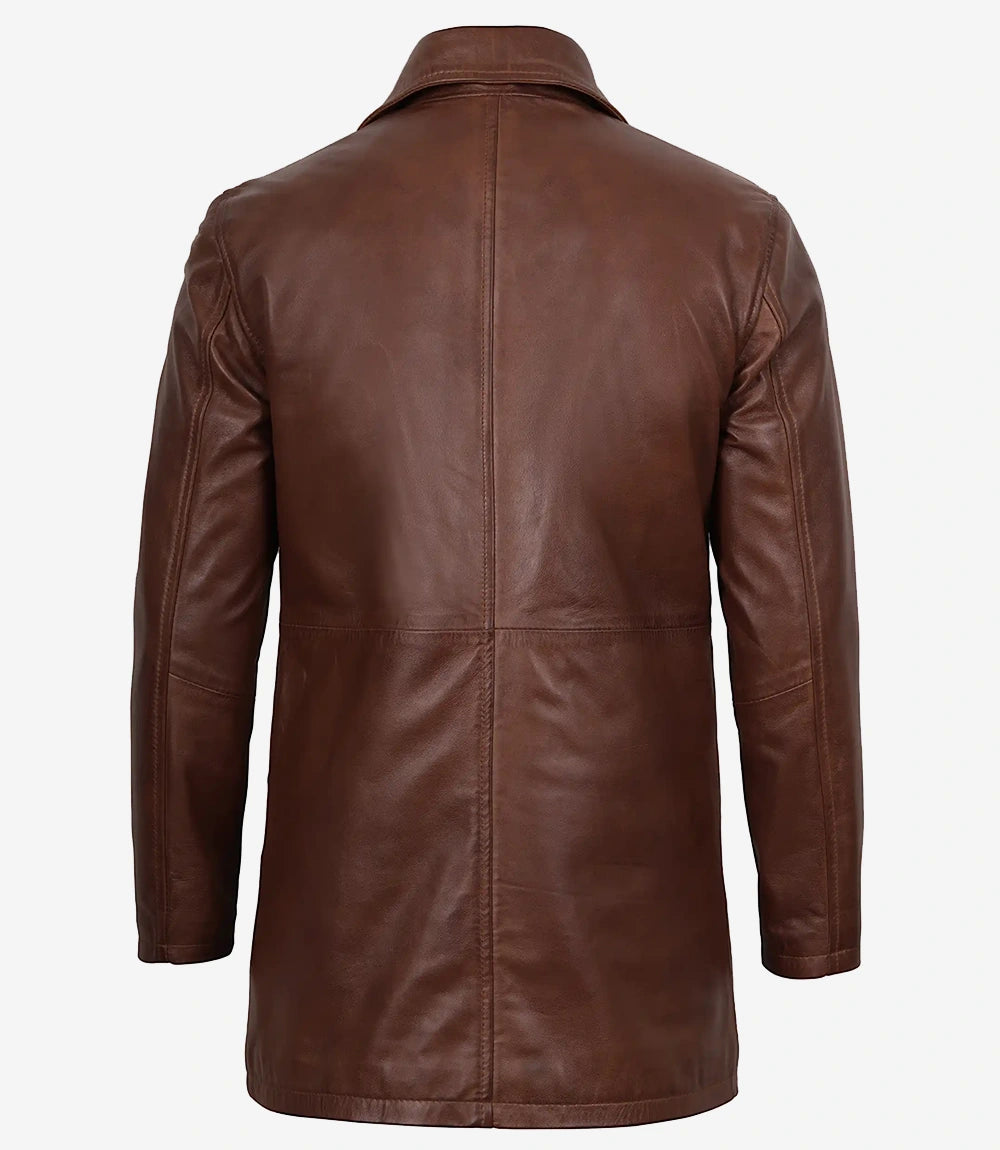 Manteau boutonné en cuir véritable pour homme, couleur cognac