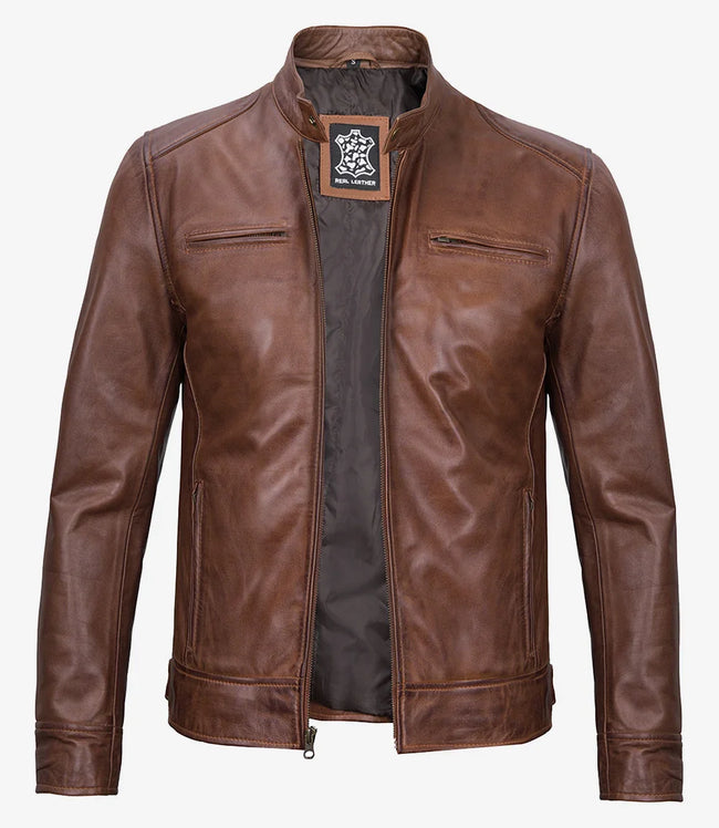 Veste en cuir style motard cognac pour homme