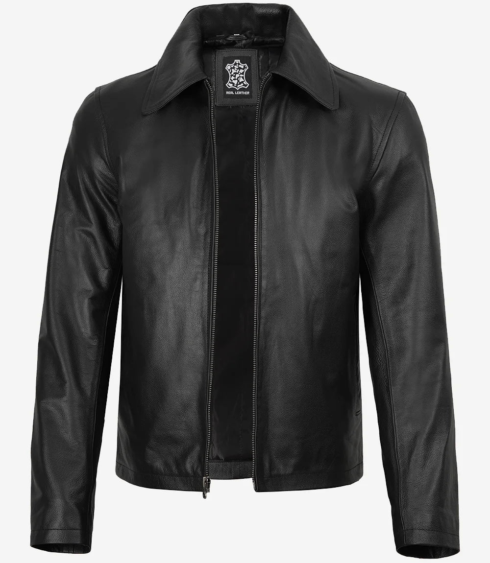 Mens Black Shirt Collar Leather Cowhide Jacket