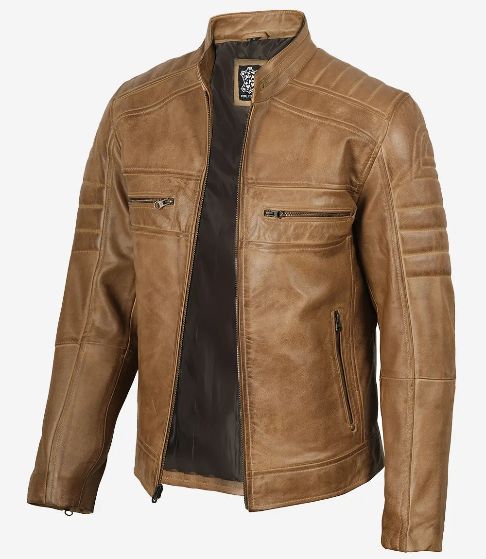 Veste en cuir marron camel style motard pour homme