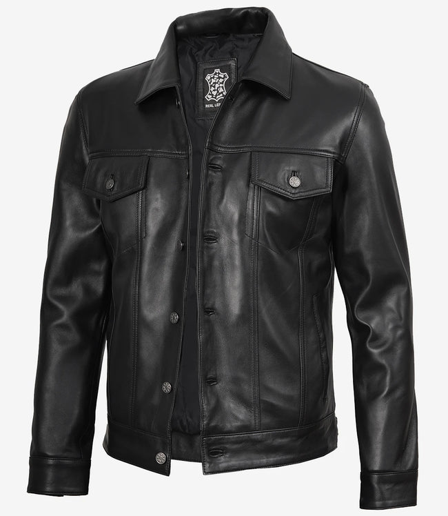 Veste de camionneur en cuir noir à quatre poches pour homme