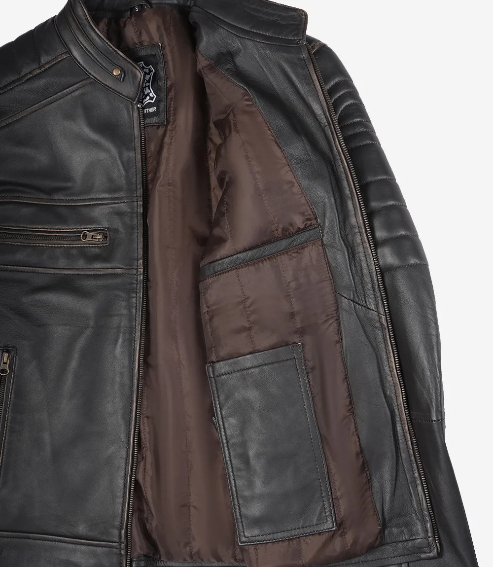 Veste motard marron vieillie en cuir véritable pour homme