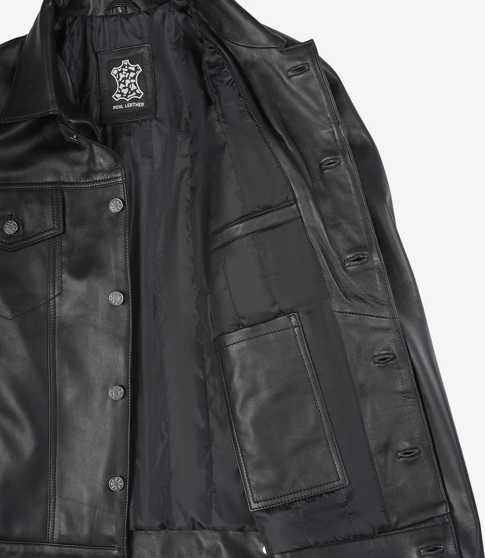 Veste de camionneur en cuir noir à quatre poches pour homme
