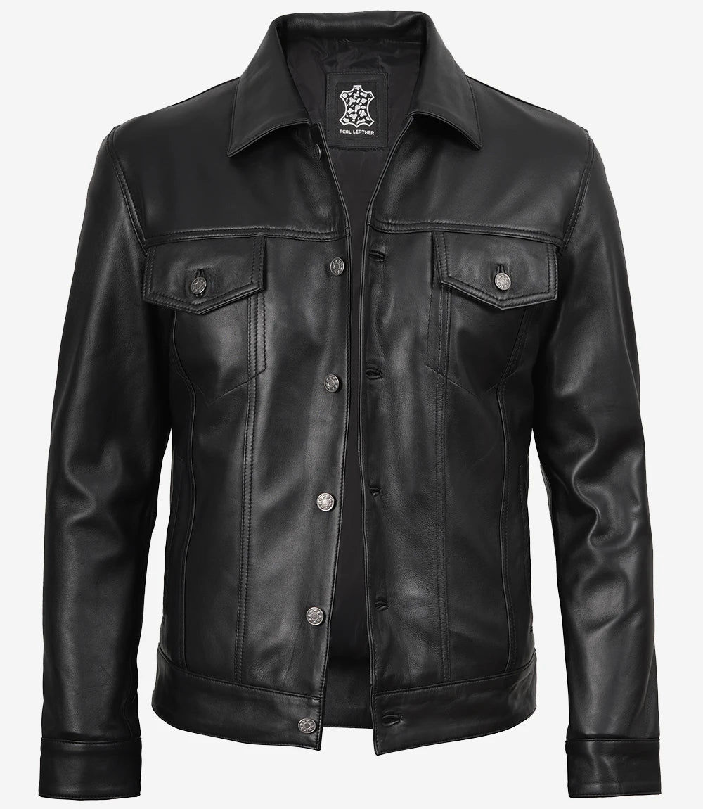 Veste de camionneur en cuir noir à quatre poches pour homme