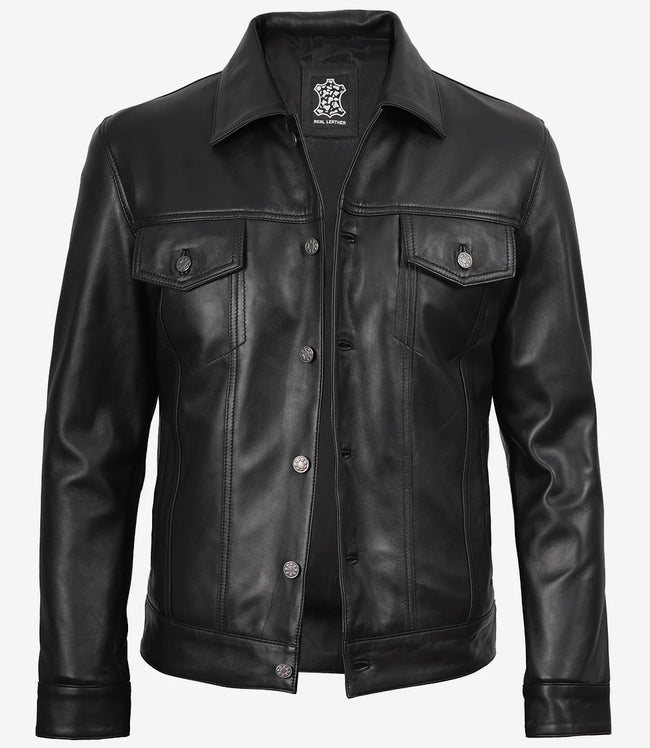 Veste de camionneur en cuir noir à quatre poches pour homme