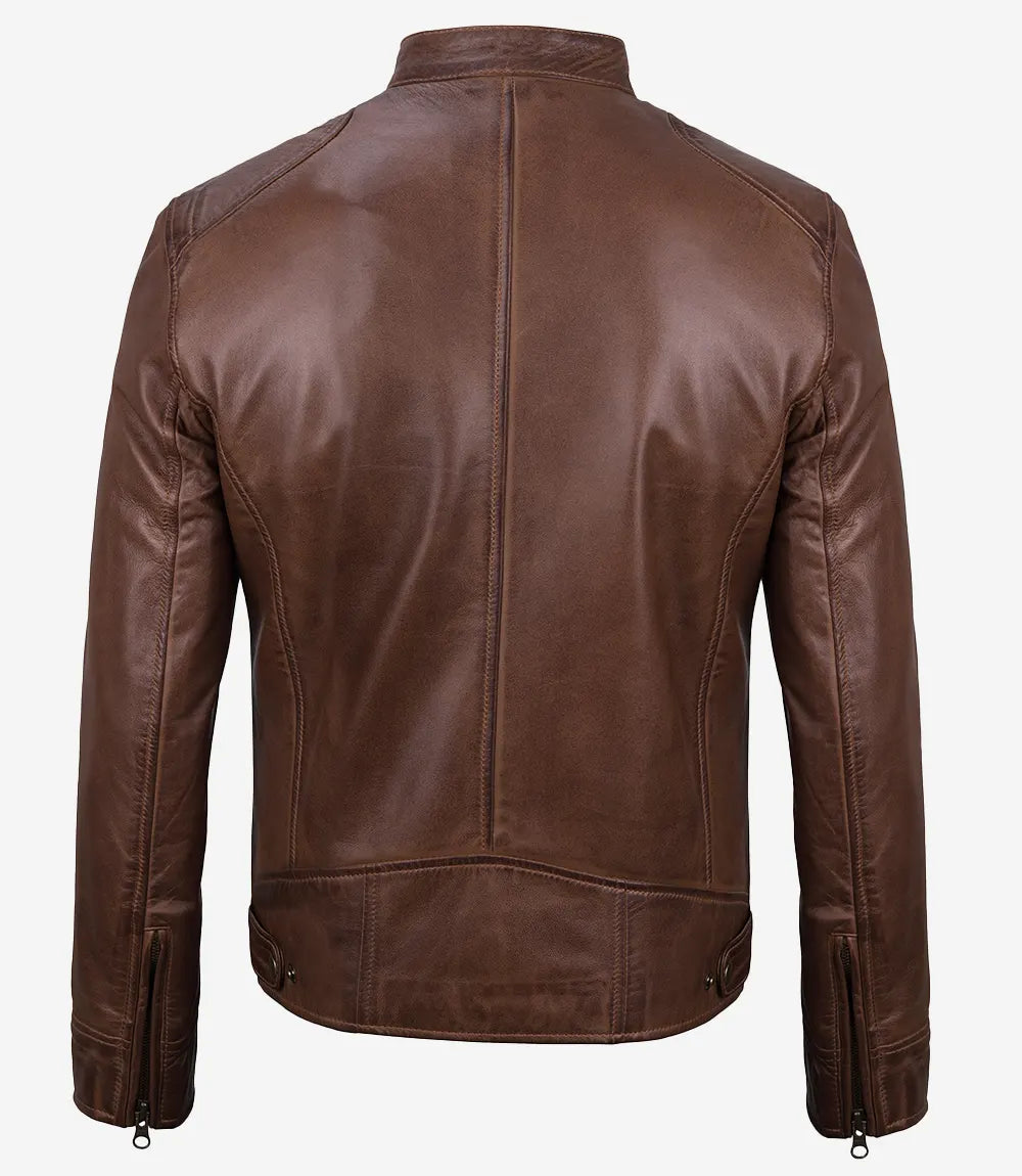 Veste en cuir style motard cognac pour homme