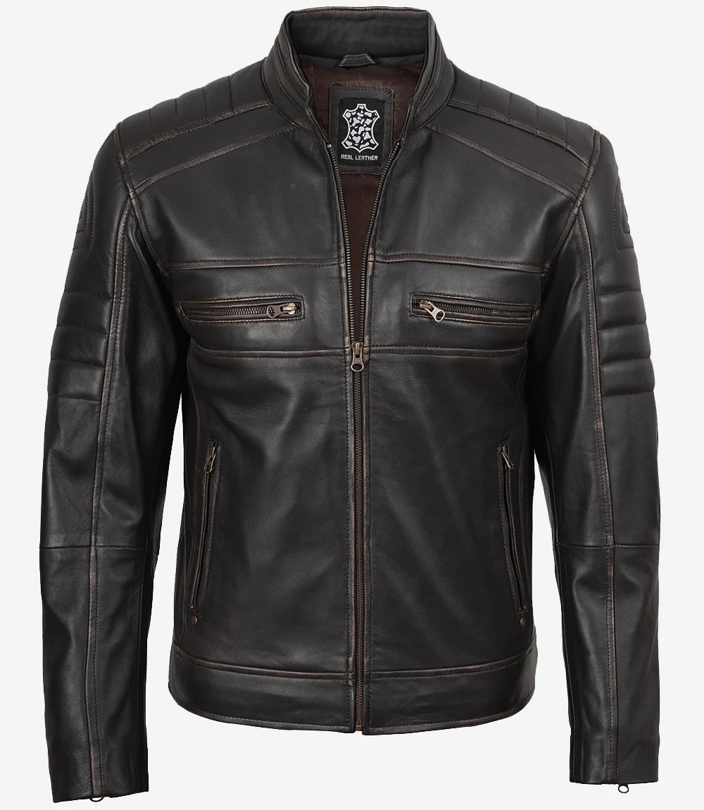 Veste motard marron vieillie en cuir véritable pour homme