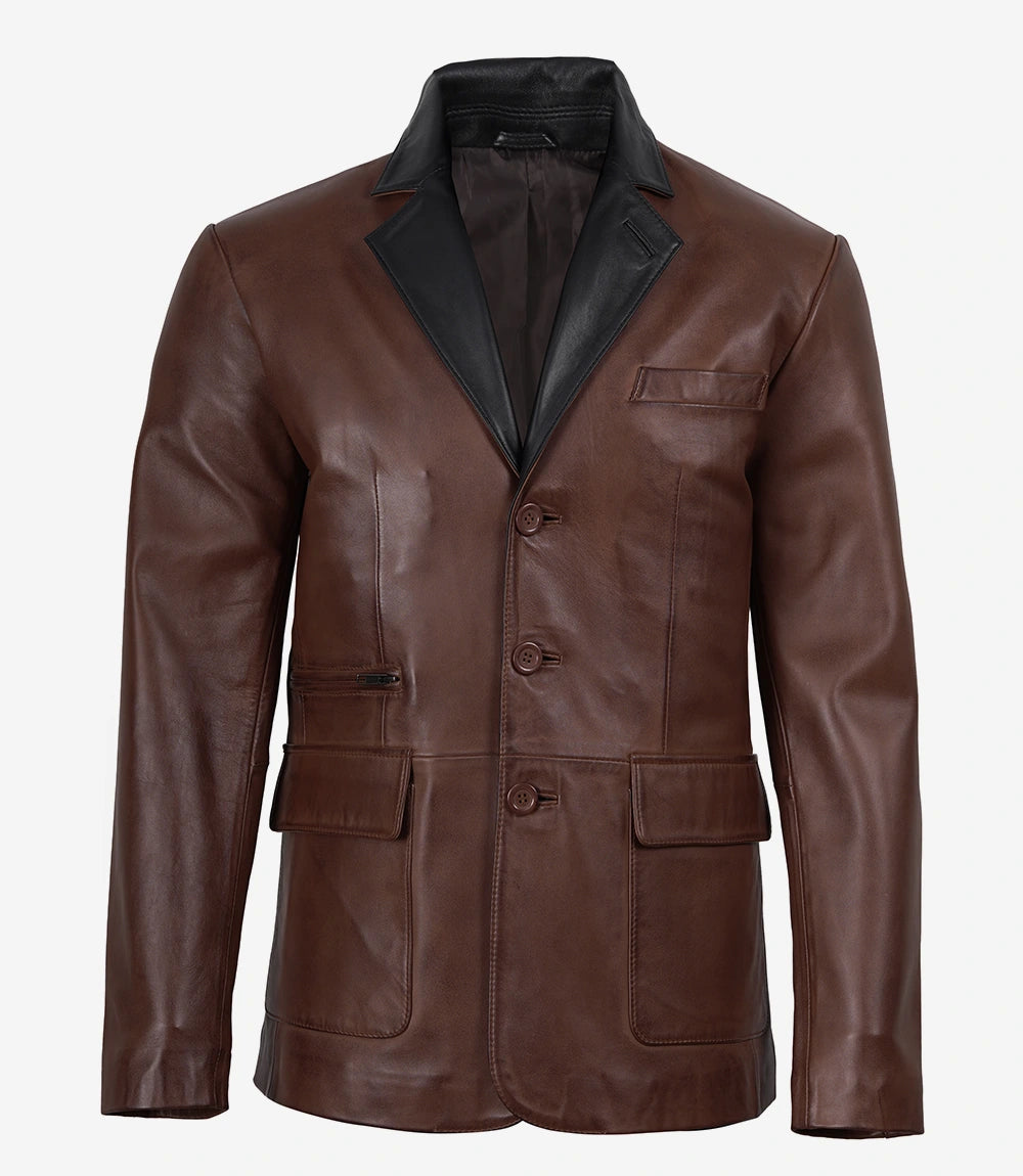 Men's 3 Button Cognac Waxed Leather Blazer with Black Lapels