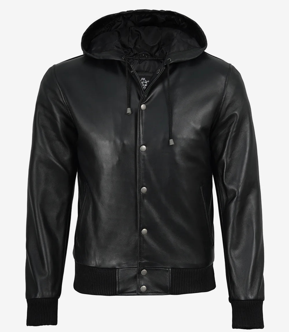Mens Black Hooded Leather Bomber Jacket - Letterman Style