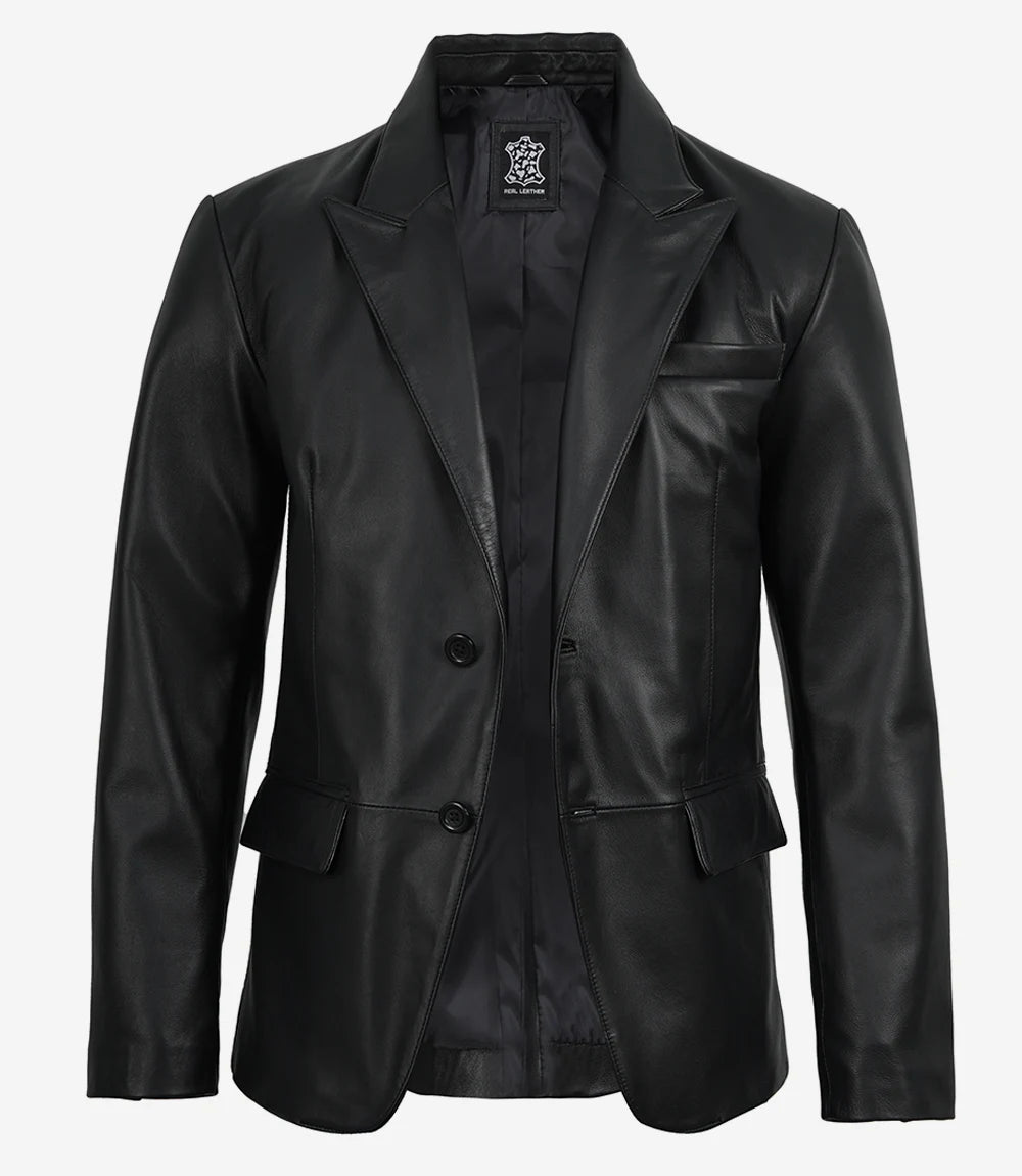 Cedric Men’s Black Lambskin Leather Blazer – Peak Lapel Tailored Fit
