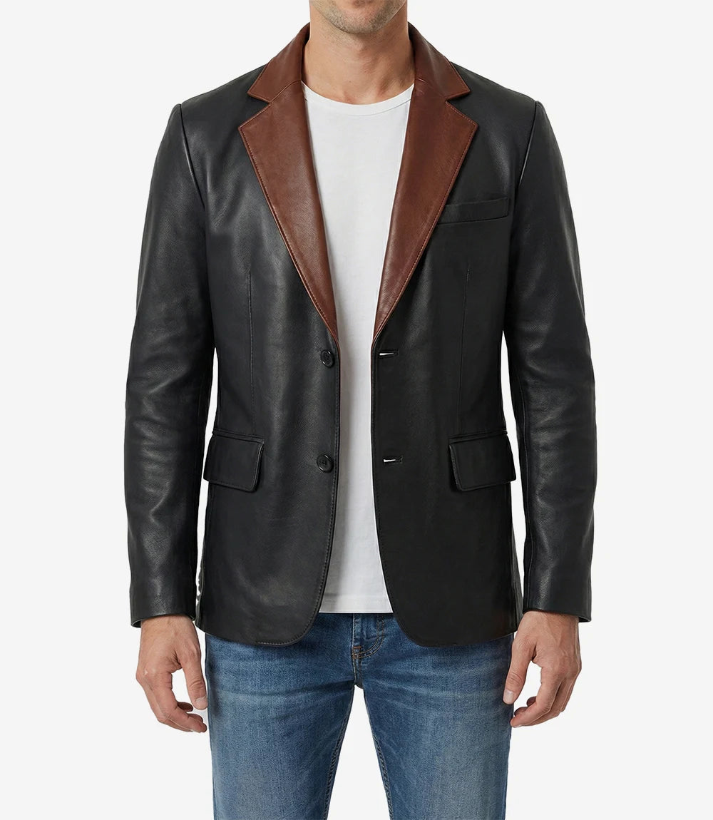Men's Black Leather Blazer with Cognac Notch Lapel